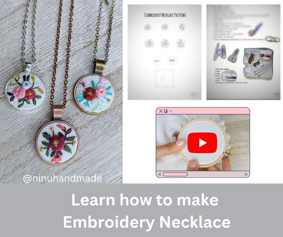 Tiny Embroidery Necklaces Pattern PDF with Video Tutorial How To Make Embroidery Necklace Pendants